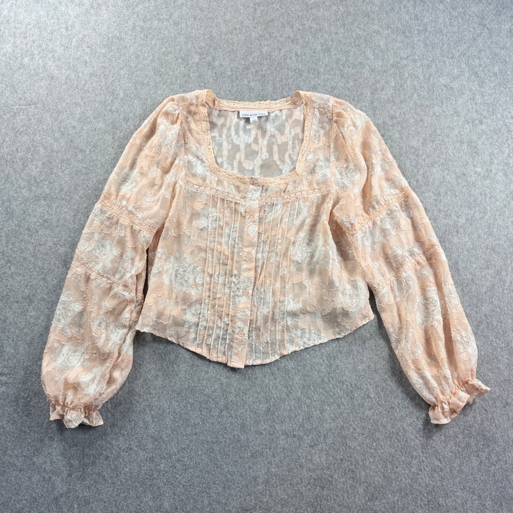AND NOW THIS Peach Floral Lace Pintuck Bishop Sleeve Cropped Womens Size L